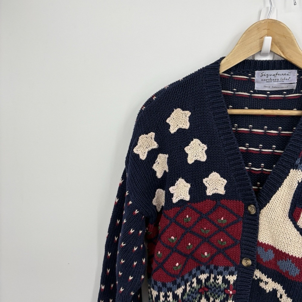 Vintage Northern Isles Hand Knit Sweater XLarge USA Patchwork 90s American Flag - Picture 2 of 10